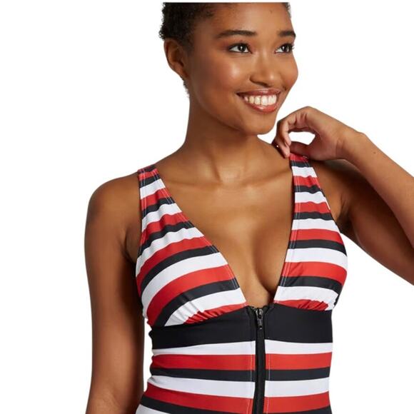 ModCloth NWT Dharla Sporty Red White Black Stripe Sexy Zip One-Piece Swimsuit XS - Picture 9 of 14